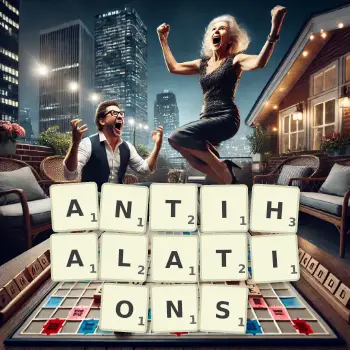 Creative illustration for a Scrabble game with the word ANTIHALATIONS spelled out in tiles on the board.