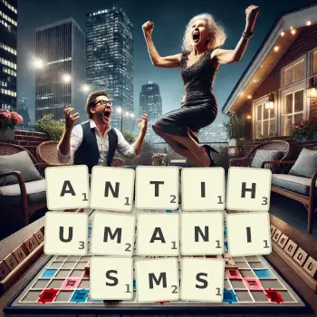 Creative illustration for a Scrabble game with the word ANTIHUMANISMS spelled out in tiles on the board.