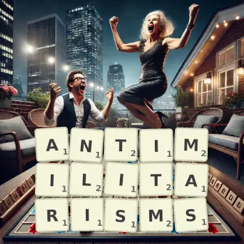 Creative illustration for a Scrabble game with the word ANTIMILITARISMS spelled out in tiles on the board.