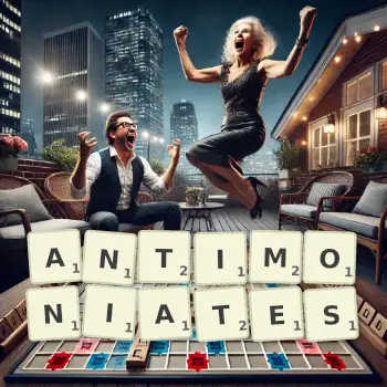Creative illustration for a Scrabble game with the word ANTIMONIATES spelled out in tiles on the board.