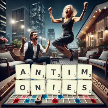 Creative illustration for a Scrabble game with the word ANTIMONIES spelled out in tiles on the board.