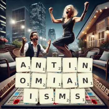 Creative illustration for a Scrabble game with the word ANTINOMIANISMS spelled out in tiles on the board.