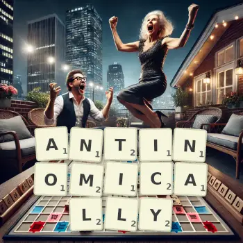Creative illustration for a Scrabble game with the word ANTINOMICALLY spelled out in tiles on the board.