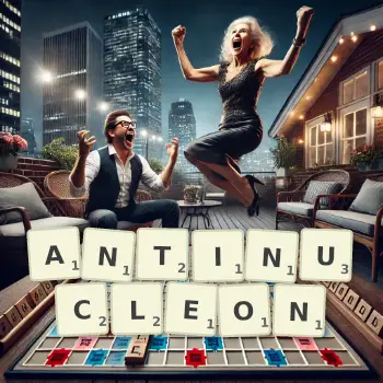Creative illustration for a Scrabble game with the word ANTINUCLEON spelled out in tiles on the board.