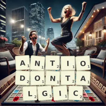 Creative illustration for a Scrabble game with the word ANTIODONTALGIC spelled out in tiles on the board.