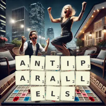 Creative illustration for a Scrabble game with the word ANTIPARALLELS spelled out in tiles on the board.