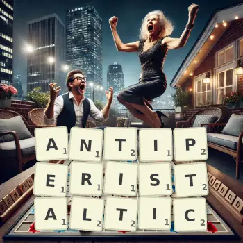 Creative illustration for a Scrabble game with the word ANTIPERISTALTIC spelled out in tiles on the board.