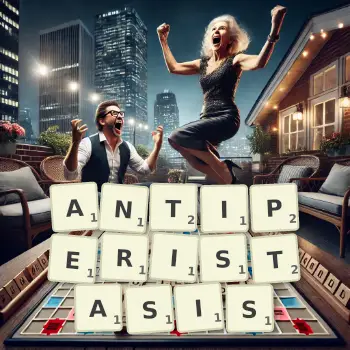 Creative illustration for a Scrabble game with the word ANTIPERISTASIS spelled out in tiles on the board.