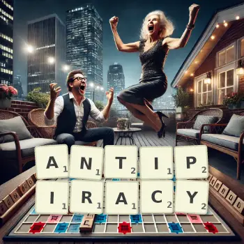 Creative illustration for a Scrabble game with the word ANTIPIRACY spelled out in tiles on the board.