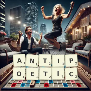 Creative illustration for a Scrabble game with the word ANTIPOETIC spelled out in tiles on the board.