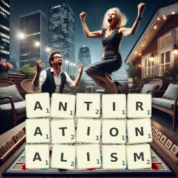 Creative illustration for a Scrabble game with the word ANTIRATIONALISM spelled out in tiles on the board.