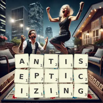Creative illustration for a Scrabble game with the word ANTISEPTICIZING spelled out in tiles on the board.