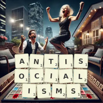 Creative illustration for a Scrabble game with the word ANTISOCIALISMS spelled out in tiles on the board.
