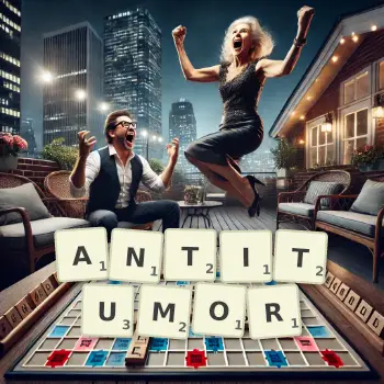 Creative illustration for a Scrabble game with the word ANTITUMOR spelled out in tiles on the board.
