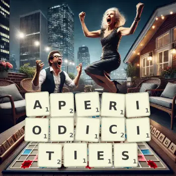 Creative illustration for a Scrabble game with the word APERIODICITIES spelled out in tiles on the board.