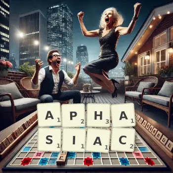 Creative illustration for a Scrabble game with the word APHASIAC spelled out in tiles on the board.