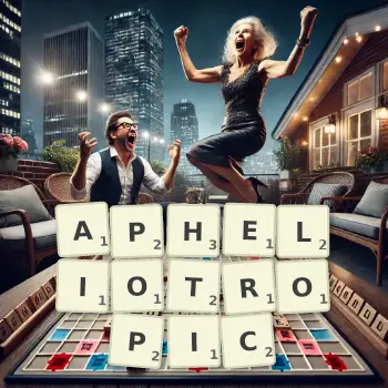Creative illustration for a Scrabble game with the word APHELIOTROPIC spelled out in tiles on the board.