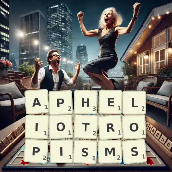 Creative illustration for a Scrabble game with the word APHELIOTROPISMS spelled out in tiles on the board.