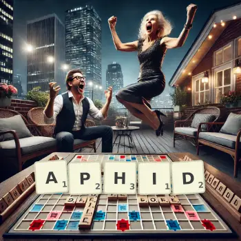 Creative illustration for a Scrabble game with the word APHID spelled out in tiles on the board.