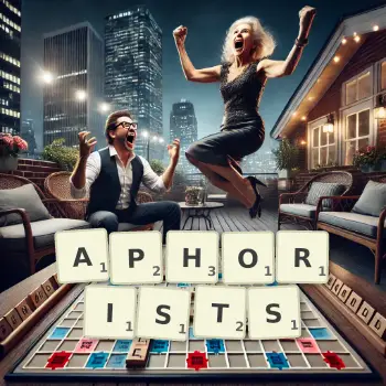 Creative illustration for a Scrabble game with the word APHORISTS spelled out in tiles on the board.