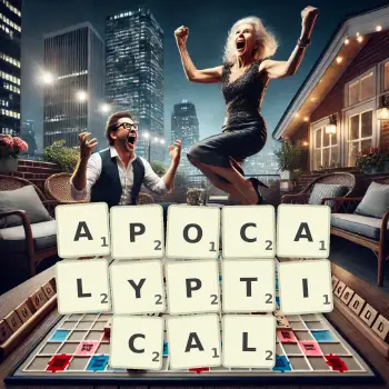 Creative illustration for a Scrabble game with the word APOCALYPTICAL spelled out in tiles on the board.