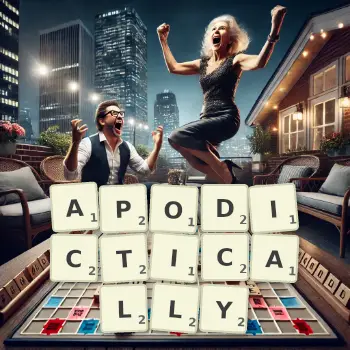 Creative illustration for a Scrabble game with the word APODICTICALLY spelled out in tiles on the board.