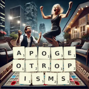 Creative illustration for a Scrabble game with the word APOGEOTROPISMS spelled out in tiles on the board.