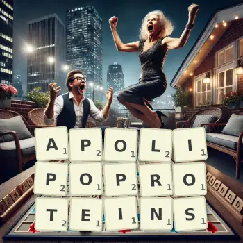 Creative illustration for a Scrabble game with the word APOLIPOPROTEINS spelled out in tiles on the board.