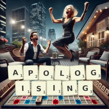 Creative illustration for a Scrabble game with the word APOLOGISING spelled out in tiles on the board.