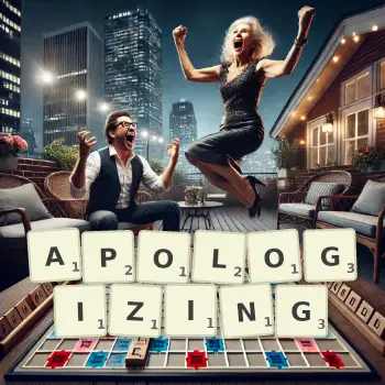 Creative illustration for a Scrabble game with the word APOLOGIZING spelled out in tiles on the board.