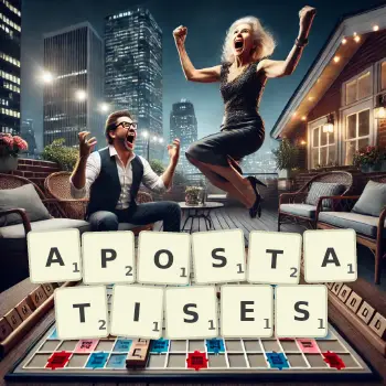 Creative illustration for a Scrabble game with the word APOSTATISES spelled out in tiles on the board.
