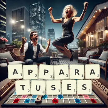 Creative illustration for a Scrabble game with the word APPARATUSES spelled out in tiles on the board.