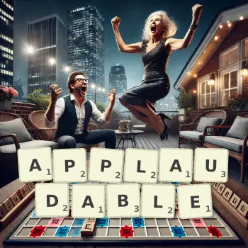 Creative illustration for a Scrabble game with the word APPLAUDABLE spelled out in tiles on the board.