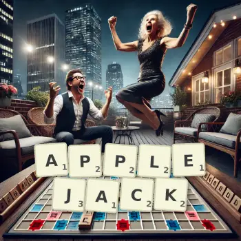 Creative illustration for a Scrabble game with the word APPLEJACK spelled out in tiles on the board.