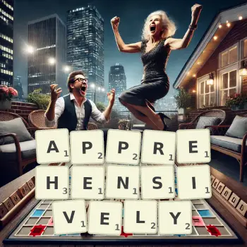 Creative illustration for a Scrabble game with the word APPREHENSIVELY spelled out in tiles on the board.