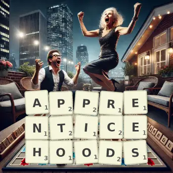 Creative illustration for a Scrabble game with the word APPRENTICEHOODS spelled out in tiles on the board.