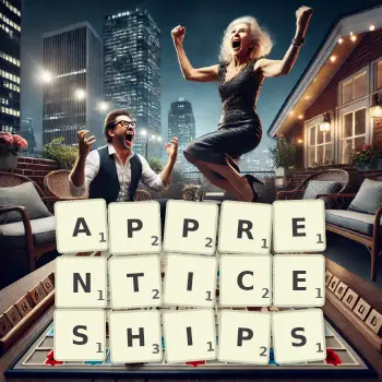 Creative illustration for a Scrabble game with the word APPRENTICESHIPS spelled out in tiles on the board.