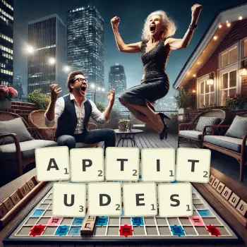 Creative illustration for a Scrabble game with the word APTITUDES spelled out in tiles on the board.