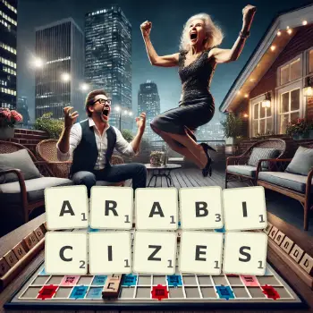 Creative illustration for a Scrabble game with the word ARABICIZES spelled out in tiles on the board.