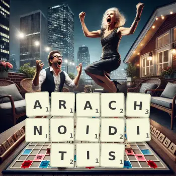 Creative illustration for a Scrabble game with the word ARACHNOIDITIS spelled out in tiles on the board.