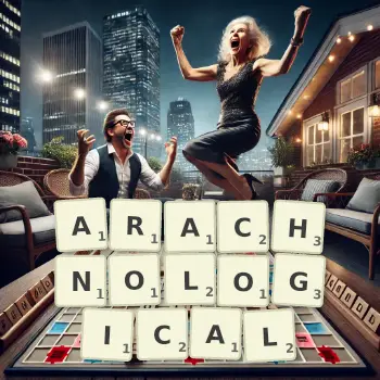 Creative illustration for a Scrabble game with the word ARACHNOLOGICAL spelled out in tiles on the board.