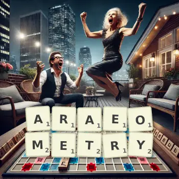 Creative illustration for a Scrabble game with the word ARAEOMETRY spelled out in tiles on the board.