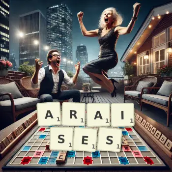 Creative illustration for a Scrabble game with the word ARAISES spelled out in tiles on the board.