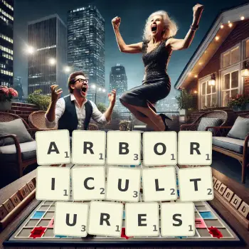 Creative illustration for a Scrabble game with the word ARBORICULTURES spelled out in tiles on the board.