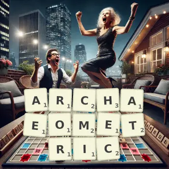 Creative illustration for a Scrabble game with the word ARCHAEOMETRIC spelled out in tiles on the board.