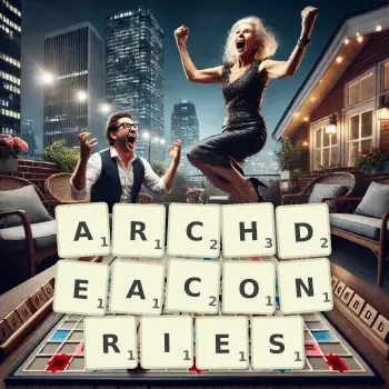 Creative illustration for a Scrabble game with the word ARCHDEACONRIES spelled out in tiles on the board.