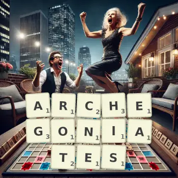 Creative illustration for a Scrabble game with the word ARCHEGONIATES spelled out in tiles on the board.