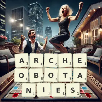 Creative illustration for a Scrabble game with the word ARCHEOBOTANIES spelled out in tiles on the board.