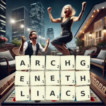 Creative illustration for a Scrabble game with the word ARCHGENETHLIACS spelled out in tiles on the board.