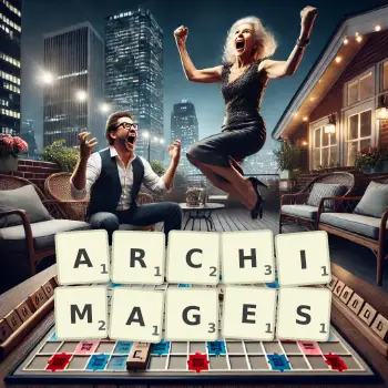 Creative illustration for a Scrabble game with the word ARCHIMAGES spelled out in tiles on the board.